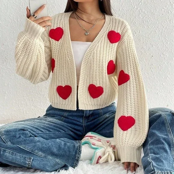 Multicolor Casual Womens Heart Pattern Drop Shoulder Duster Cardigan - Picture 3 of 5